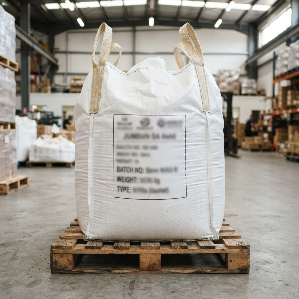 A single white FIBC jumbo bag on a pallet with its brand label blurred out