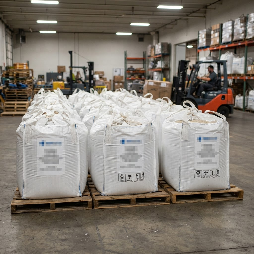 A row of filled FIBC jumbo bags in a warehouse with brand labels blurred out