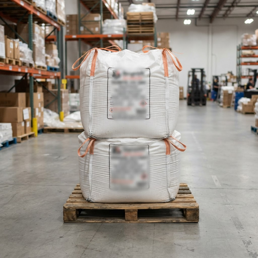 A stack of white FIBC jumbo bags on pallets in a warehouse with brand labels blurred out