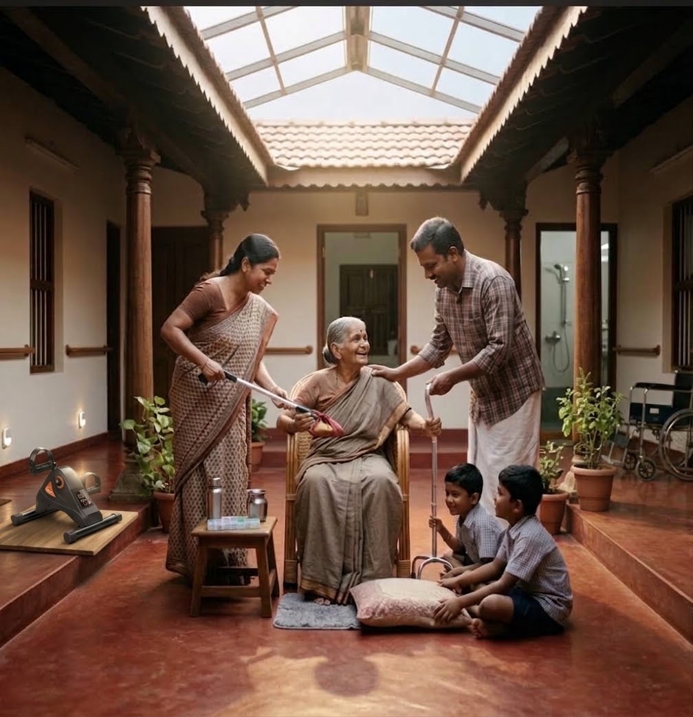 A family caring for an elderly woman at home with assistive equipment in a traditional courtyard