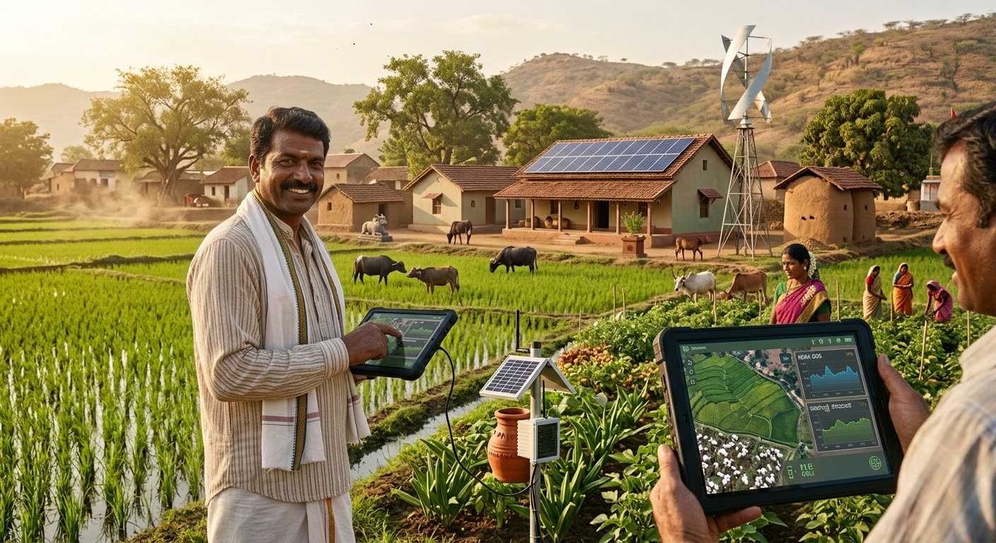 An Indian farmer using a tablet in a village with solar panels, a wind turbine, and green fields