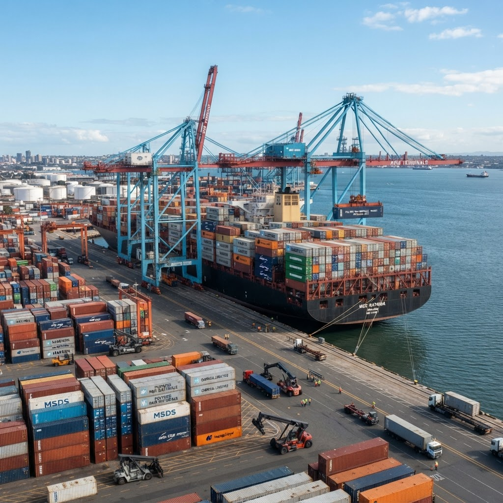 A container ship loaded with shipping containers at a global port