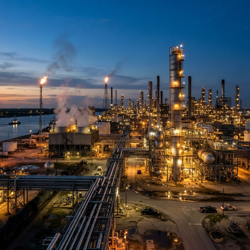 A large petrochemical refinery complex at dusk
